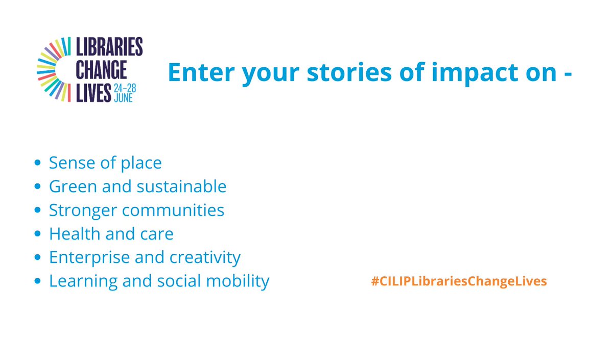 Calling on libraries across all sectors! Submit your stories of impact to our new campaign and join us in sharing how libraries make an important and vital impact in our communities! Here's the detail - cilip.org.uk/page/LCLW-case… #LibrariesChangeLives