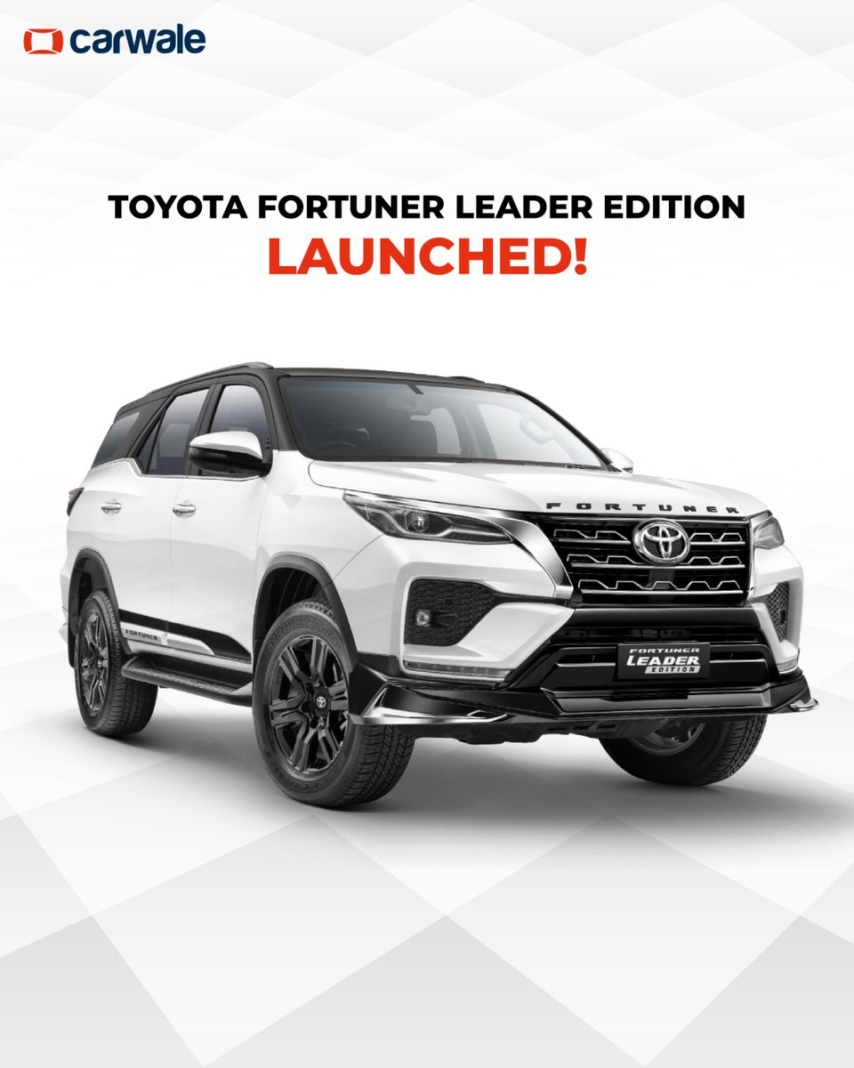 CarWale's tweet image. #ToyotaIndia has launched the #FortunerLeader Edition!
-2.8-litre diesel engine with Manual and Automatic gearboxes
-Tyre pressure monitor
-Front and rear bumper extenders
-Super White with Black roof, Platinum Pearl White Black roof &amp;amp; Silver Metallic with Black roof

#CWLaunch