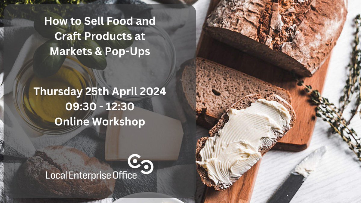 Workshop: How to Sell Food and Craft Products at Markets & Pop-Ups 25/04/24 09:30 - 12:30 Join us for this workshop designed for producers and makers (craft, food, etc.) who want to get out, meet customers, test products and sell! To register visit: localenterprise.ie/!FRU9N5