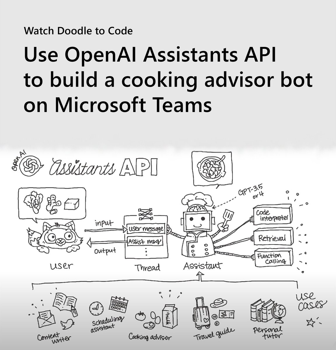 Find out how to build an AI assistant right into your app using the new OpenAI Assistants API. Watch a step-by-step demo for creating a cooking assistant that will suggest recipes based on what’s in your fridge: msft.it/6012cAjGY #VScode #OpenSource