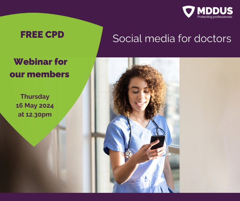 Join us on 16 May 2024 for a free webinar which will explore social media good practice for doctors. This hour-long CPD verifiable webinar is suitable for all doctors and free for MDDUS members. Register here: us02web.zoom.us/webinar/regist… #MDDUS #CPD #doctors #social #media