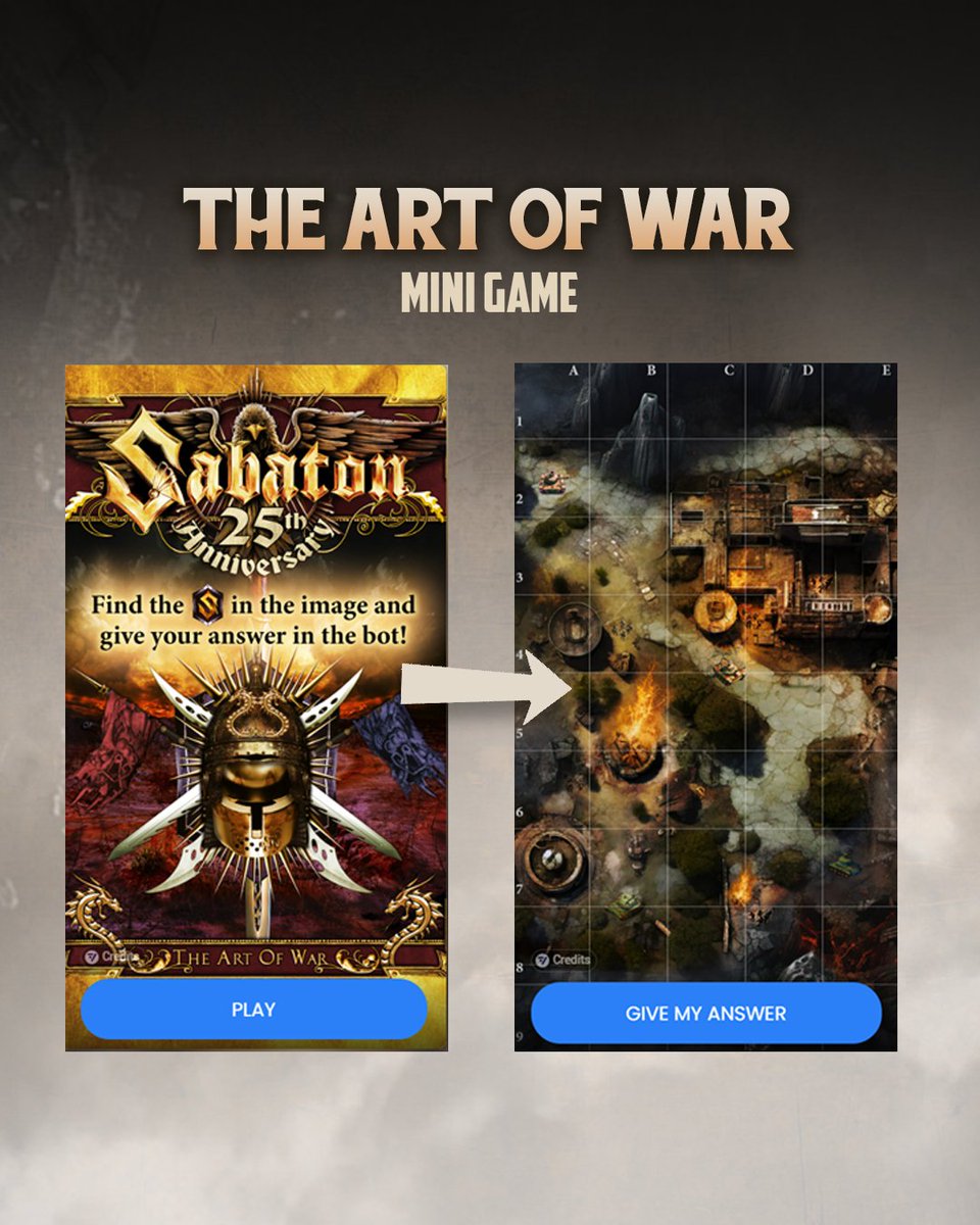 Hey metal fam! 🤘 Have you played “The Art Of War” mini game yet? If you play it, you’ll enter the draw to win 1 signed “The Art Of War” CD or 1 signed “The Art Of War” vinyl! All you need to do is spot the Sabaton logo. Are you up for the challenge? 👉 sabat.one/TheArtOfWarGame