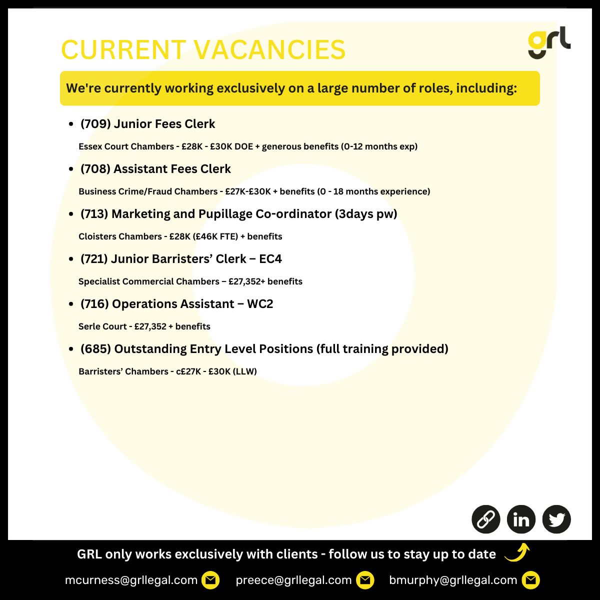 GRL bring you exciting opportunities for #legalcareer advancement across the UK. We have a number of legal recruitment #vacancies at Leading Organisations. Our current vacancies are here. Full advertisements on our website. 

Send your CV ⬇️ 
📧 recruitment@grllegal.com