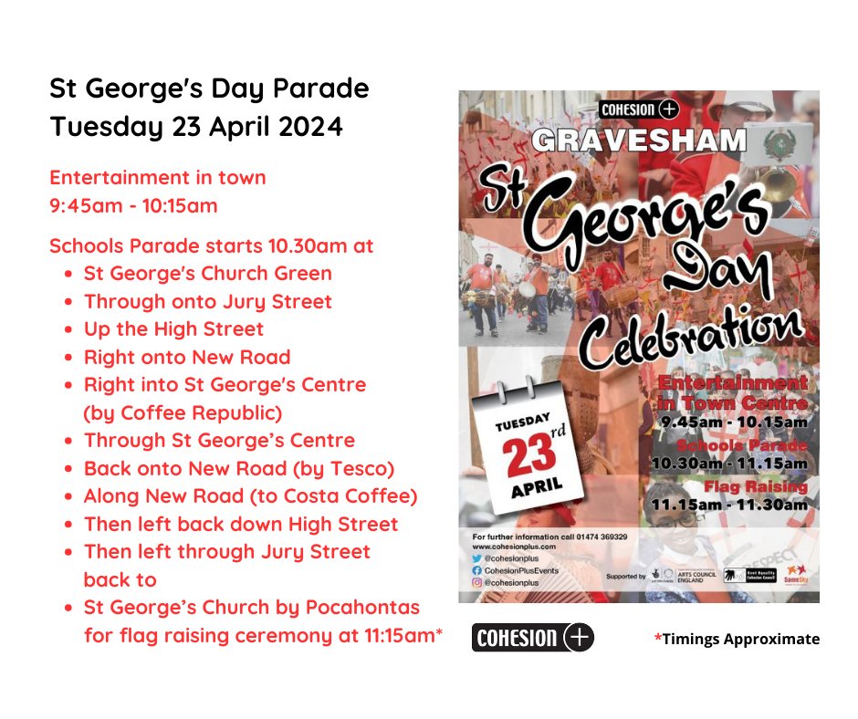 We're just 24 hours away from celebrating St. George once again in #gravesend a morning of entertainment, a huge walking procession with hundreds of school children, organised by @cohesionplus begins 9.45am Come along and line the route - grab a coffee or some breakfast in town
