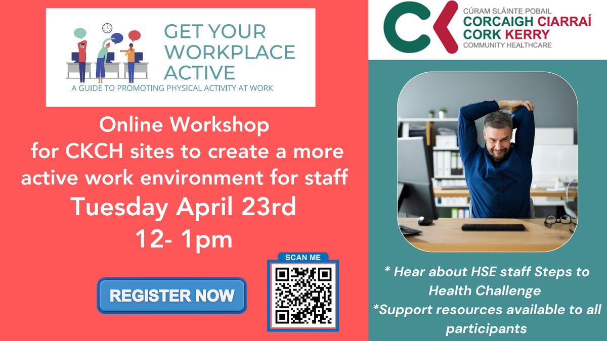 📢Calling all @CorkKerryCH staff who are interested in promoting physical activity at work. The Get Your Workplace Active webinar will provide you with lots of motivation & guidance on how to create an active work environment. 🧑‍💻Register here ➡️ tinyurl.com/jb6hp577