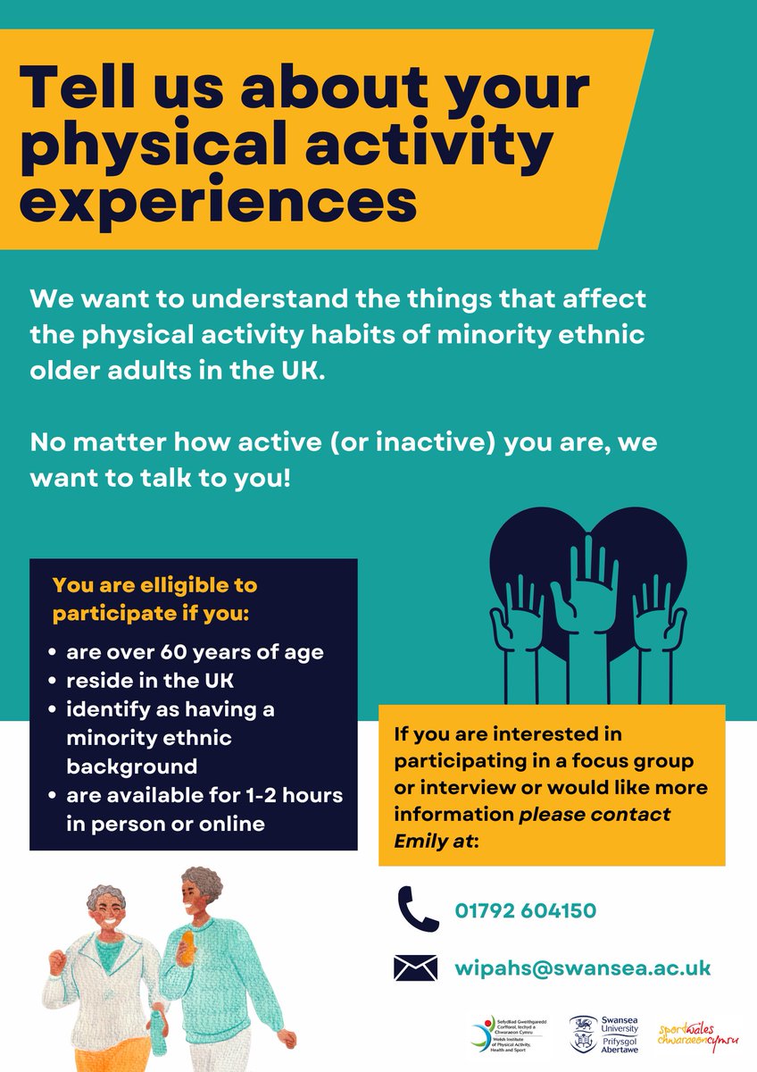 Any interested participants in your contact? Please share. A study looking at barriers and facilitators to physical activity for minority ethnic older adults (over 60 years of age) in the UK. If you're interested in participating or learning more, please contact Emily.