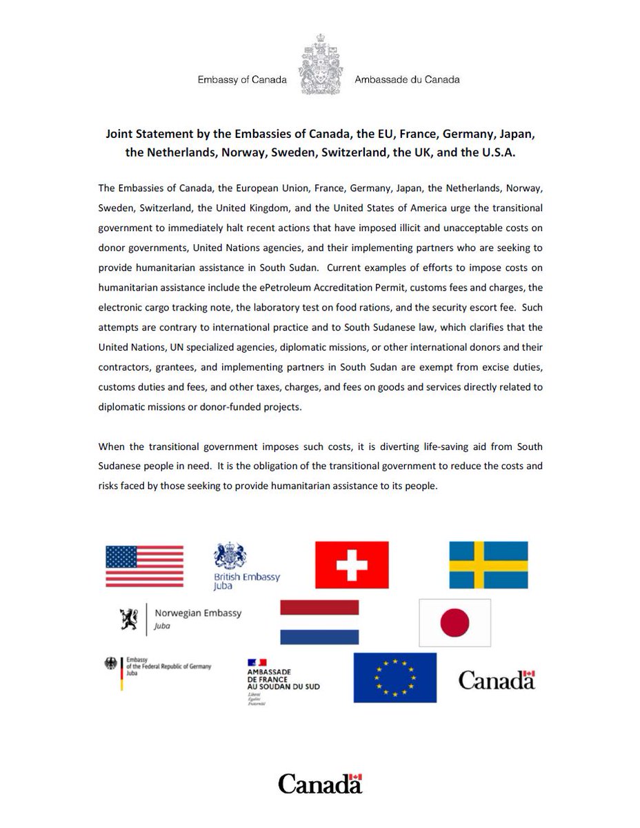 🇨🇦 joins with its partners in calling upon the transitional government to reduce the costs and risks faced by those seeking to provide humanitarian assistance to its people and rejects the attempted taxation of any donor assistance. This is our joint statement.