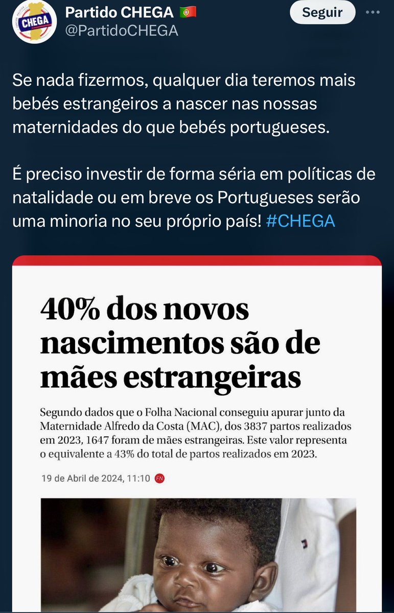 Os meus filhos nasceram de mãe estrangeira. São tão portugueses como os outros. O Chega é uma cloaca.