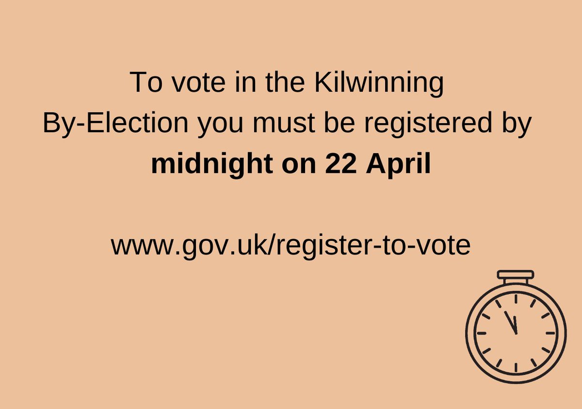 If you need to register to vote in time for the Kilwinning By-Election you must do so before midnight tonight. To register online visit: gov.uk/register-to-vo…