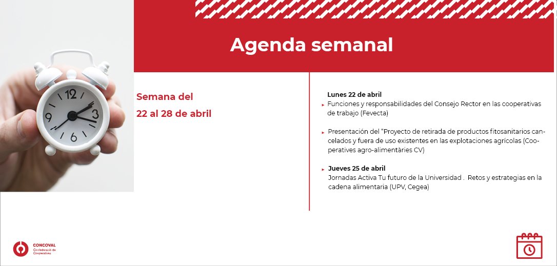 Buenos días! Os dejamos los actos más destacados del cooperativismo valenciano para la semana. Podéis ampliar la información en nuestra agenda 👇🏼 concoval.es/agendas/ #cooperarsuma #cooperativismo #cooperativisme #cooperativismevalencia