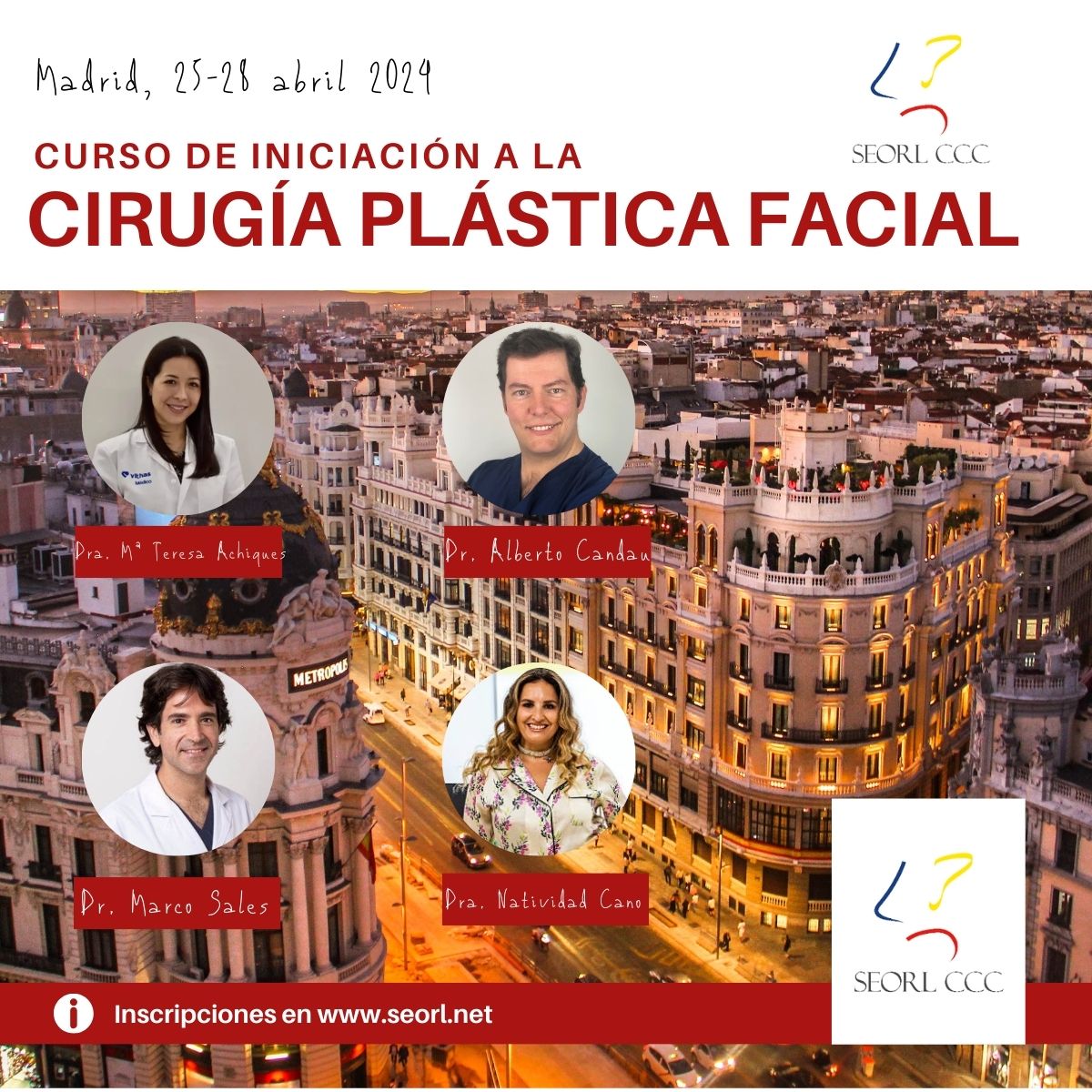 Curso de introducción a la Cirugía Plástica Facial organizado por la comisión de Cirugía Plástica Facial de la @SEORLCCC 25, 26 y 27 de abril Ilustre Colegio de Médicos de Madrid Contamos con profesorado de alto nivel nacional e internacional Inscríbete👇 seorl.net/comisiones/com…