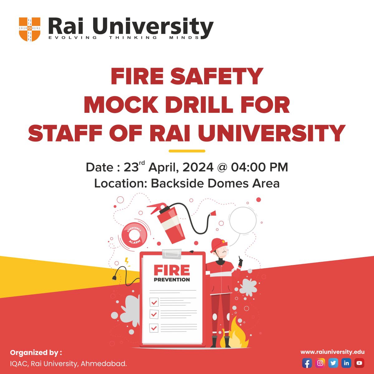 Join us for a crucial fire safety mock drill at Rai University! Protecting lives and ensuring preparedness. #FireSafety #RaiUniversity