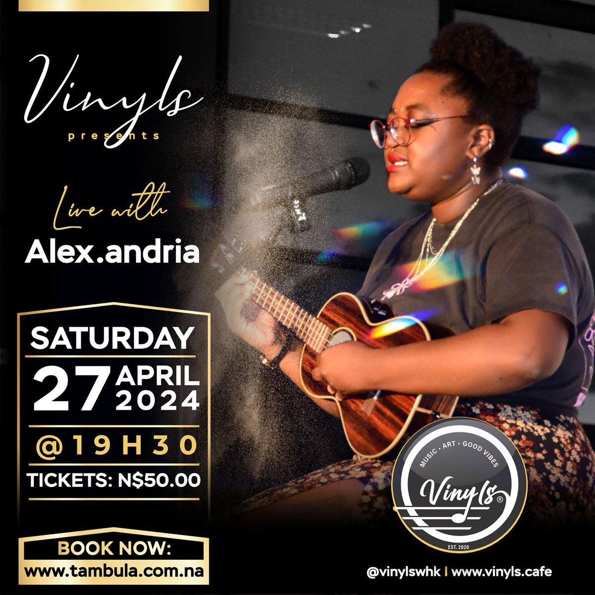 Get ready for the multi-genre performer and producer  Alex.andria to entertain the crowd at Vinyls Music Café

Date: Saturday, 27 April 2024

Time: 19h30

Venue: Vinyls, Zoo Park, Windhoek

Book now: tambula.com.na/product/live-w…

#alexandria #livemusicvenue #livemusicrocks