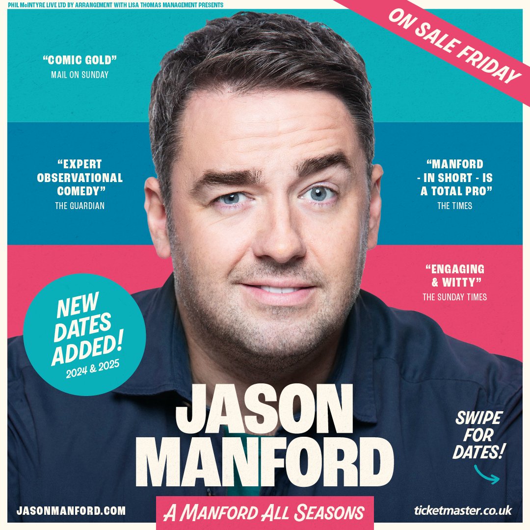 ANNOUNCEMENT📢 Jason Manford is back with his brand-new live show; 'A Manford All Seasons'! 22 January 2025 Members’ Pre-Sale: Wednesday 24 April, 10am General Onsale: Friday 26 April, 10am Learn more: ow.ly/nAa550RkV1F