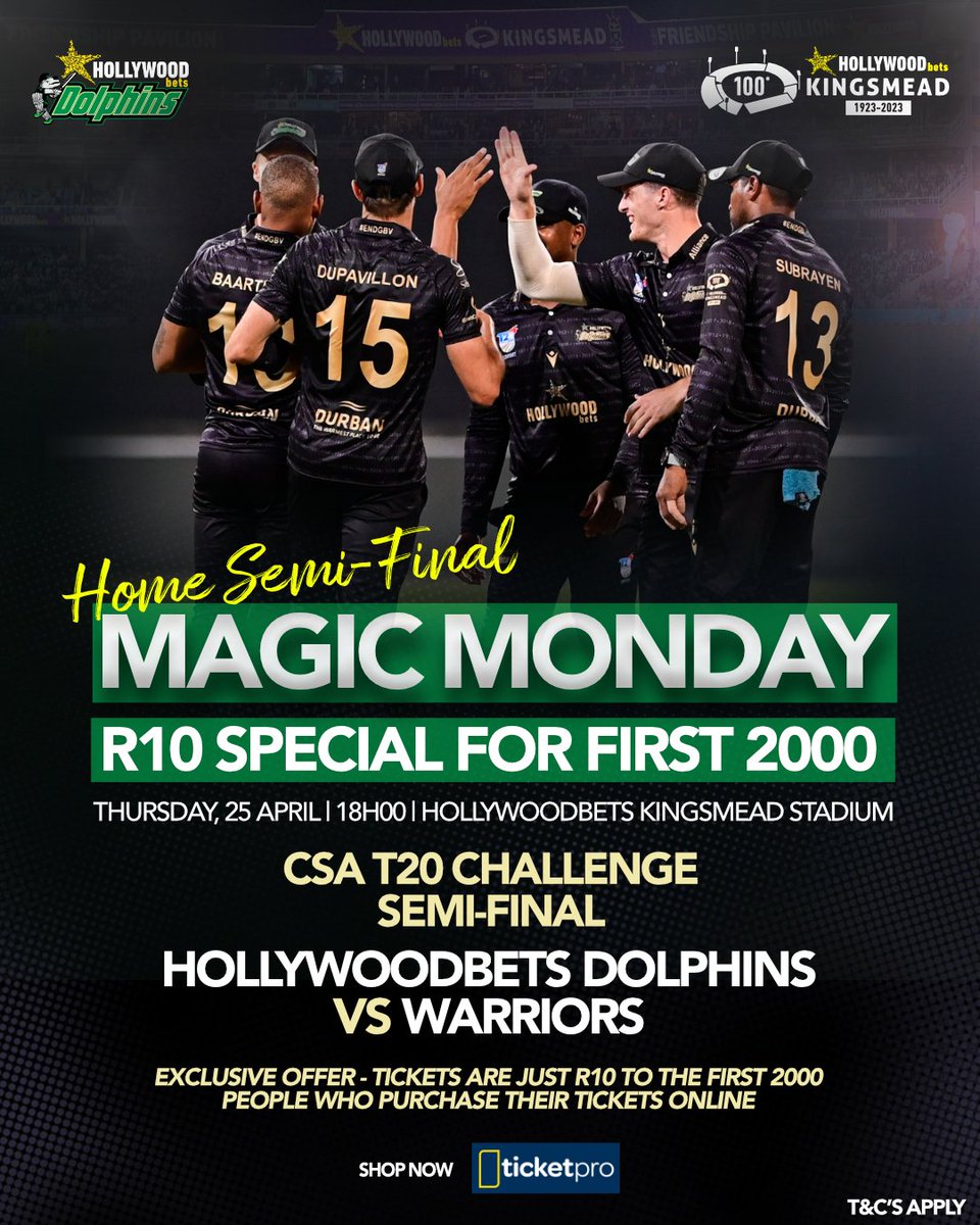 Exciting week as we host our Hollywoodbets Dolphins heroes in a HOME SEMI-FINAL of the CSA T20 Challenge 🤩🤩👏 Enjoy our exclusive offer of R10 per ticket to the first 2000 people who purchase their tickets online. Shop now: ticketpros.co.za/portal/web/ind… #GoDolphins🐬 #WozaNawe
