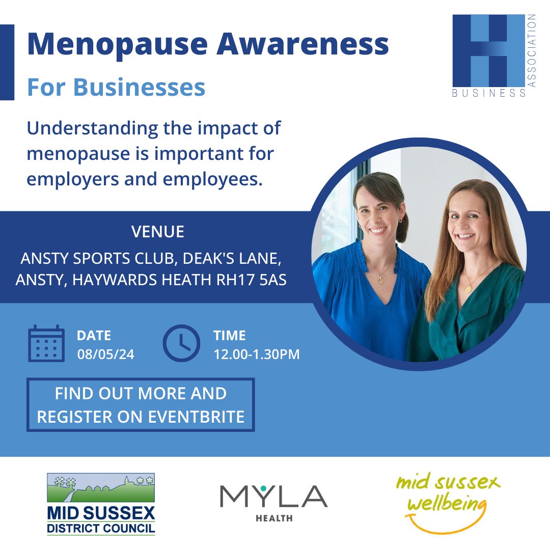 📢 Exciting Announcement from HHBA! 🌟 Haywards Heath Business Association, in partnership with Mid Sussex District Council, is thrilled to invite you to our Menopause Awareness Event for Businesses on May 8th! 🗓️ bit.ly/3ISTib5