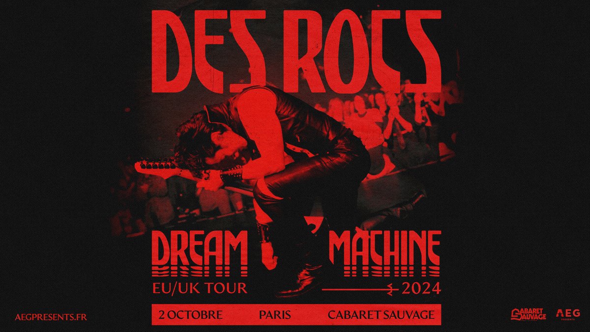 AEGPresentsFR's tweet photo. ANNONCE / Après une date complète à Paris en début d’année, le Dream Machine Tour de @IamDesRocs fera un nouvel arrêt le 2 octobre 2024 au @cabaretsauvage !

🎟️ https://t.co/onRXxUFryG
Prévente AEG le 24 avril à 11h
Ouverture de la billetterie générale le 26 avril à 11h https://t.co/pm5X0i3GVq
