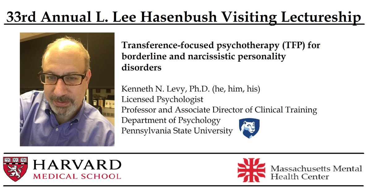 On March 27th Professor Kenneth Levy presented the 33rd Annual L. Lee Hasenbush Visiting Lectureship at Massachusetts Mental Health Center at Harvard Medical School's Department of Psychiatry. As part of the lectureship, he conducted a live case consultation to illustrate TFP.