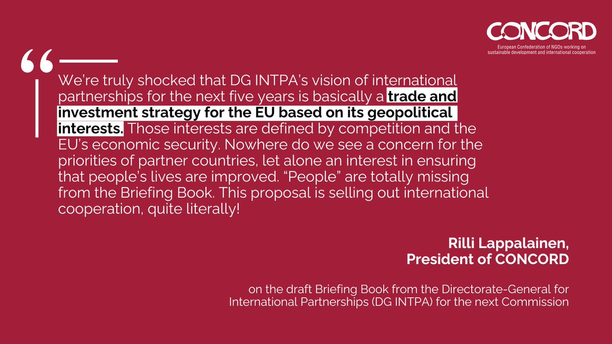 .@POLITICOEurope leaked the @EU_Partnerships draft Briefing Book for the next Commission. The document shows that DG INTPA is turning its back to human development in favour of trade and investments. Here is CONCORD President’s @RilliL reaction 👇 🔗 politico.eu/newsletter/bru…