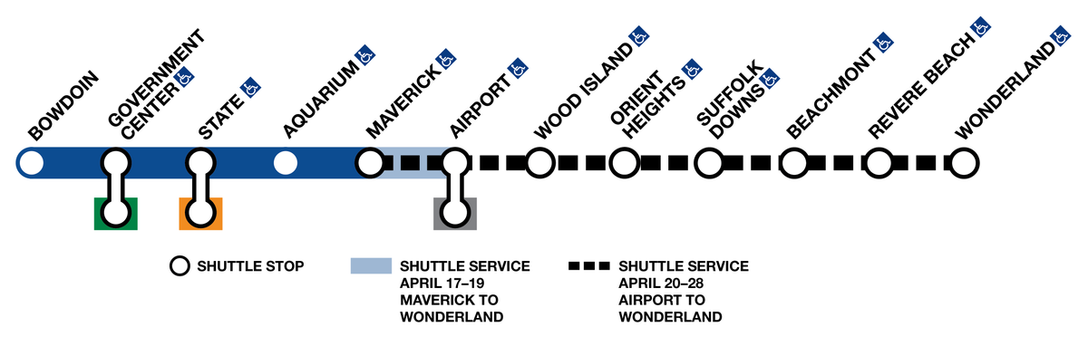 Blue Line Reminder: Through April 28 Shuttle Buses replace service between Airport and Wonderland due to track work. Learn more at mbta.com/blueline