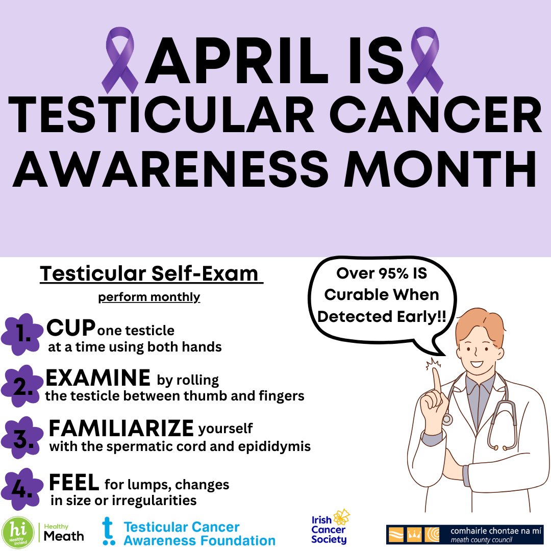 April is testicular cancer awareness month. Testicular cancer is rare, but it’s the most common cancer in young men aged between 15 and 34. More than 170 men are diagnosed with testicular cancer every year in Ireland. 

More info at rb.gy/7y3kap  
#HealthyMeath