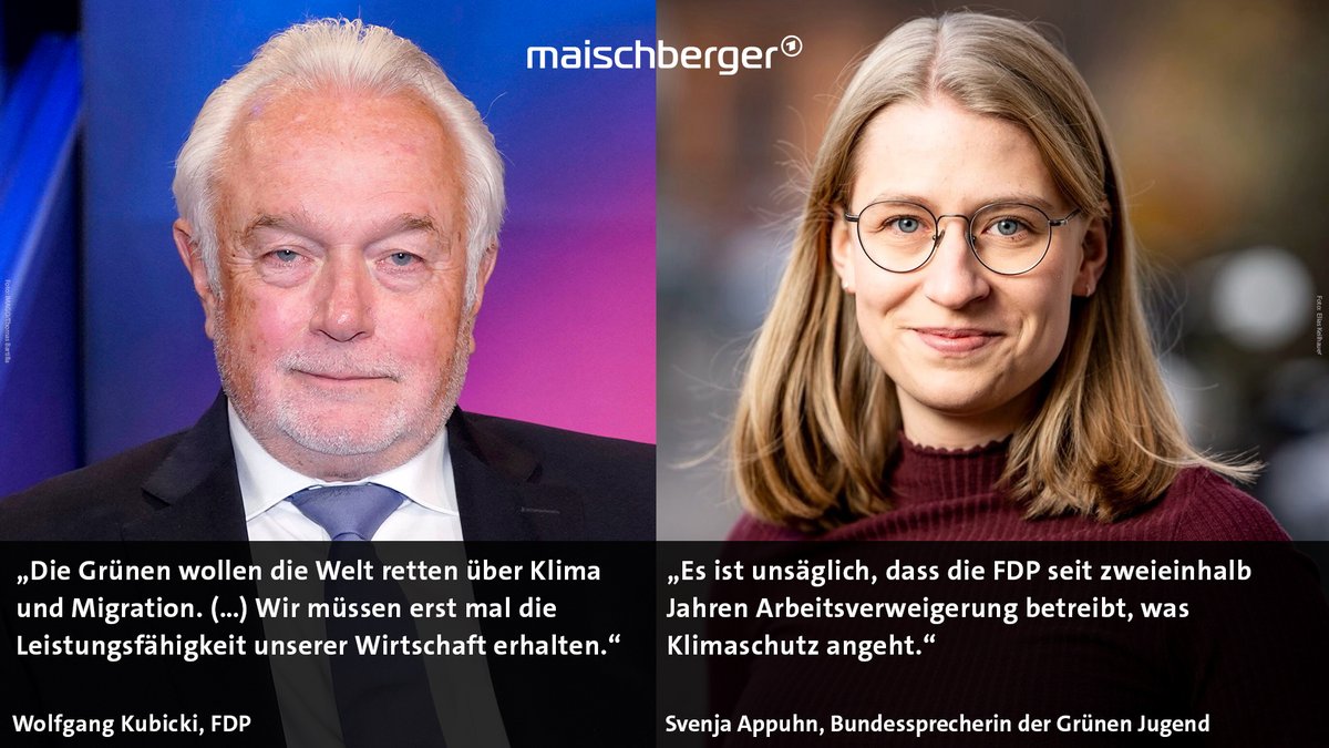 Überfordert die #Ampel-Koalition das Land? Darüber diskutieren heute bei #maischberger der stellvertretende @FDP-Parteivorsitzende Wolfgang #Kubicki und die Bundessprecherin der @Gruene_Jugend @SvenjaAppuhn. 📺 Um 22:20 Uhr | @DasErste