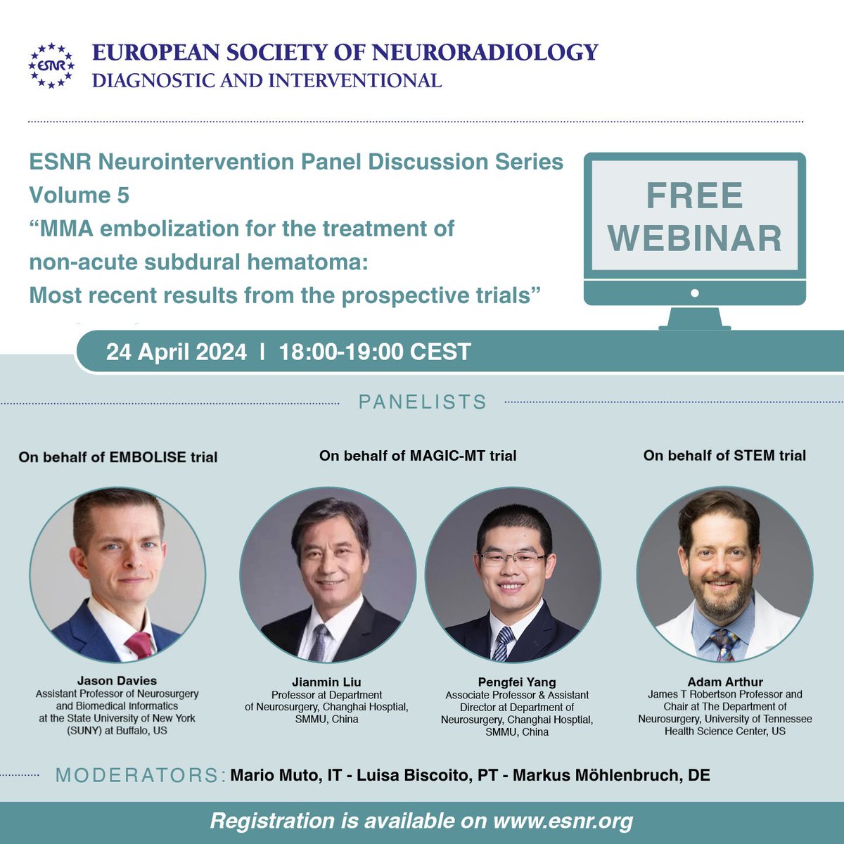 ESNR Neurointervention Panel Discussion Series Volume 5: “MMA embolization for the treatment of non-acute subdural hematoma: Most recent results from the prospective trials” 📅 24 April 2024 🕐 18:00-19:00 CEST Free registration and info here: esnr.org/event-details/…