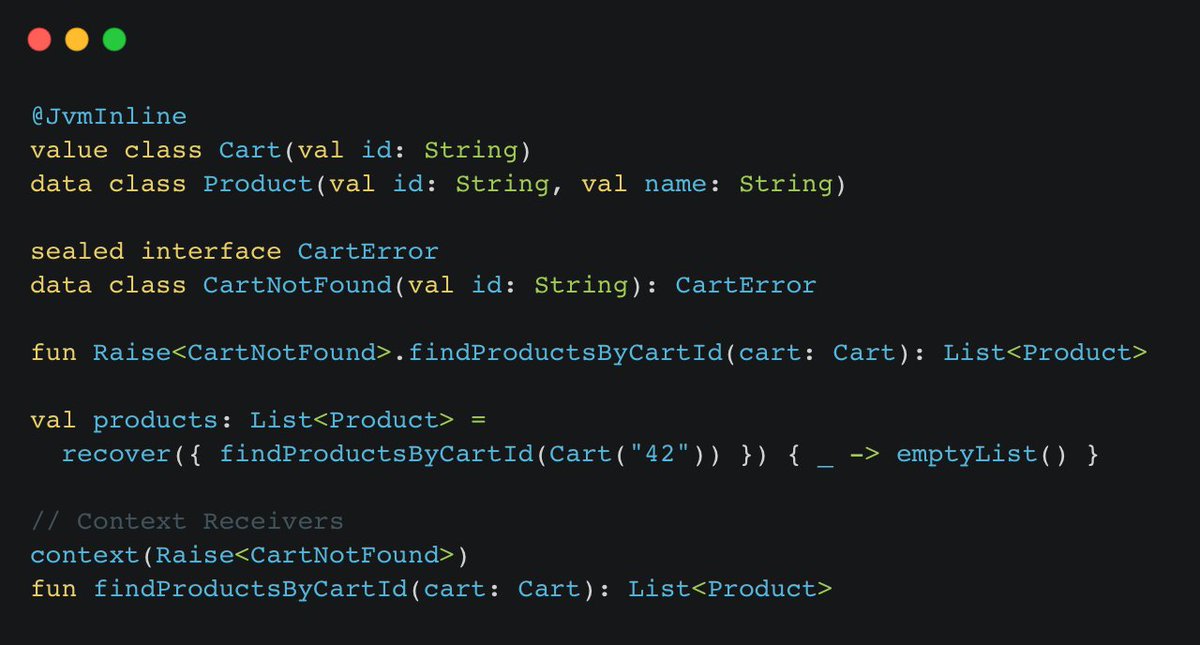 Recover in #Scala's Raise4s looks almost identical as @arrow_kt!

Scala's context functions, and #Kotlin's Context Receivers/Parameters are very closely related.

Here is the Kotlin snippet, so you can compare with the Scala alternative.

Really cool work by @riccardo_cardin! 👏