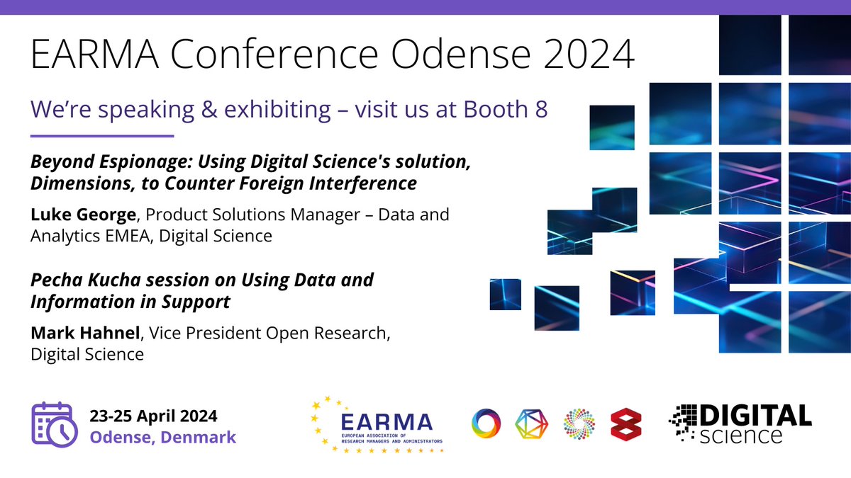 📣 This week: We're speaking & exhibiting at #EARMAconference! Find us at booth 8 with @DSDimensions, @altmetric @figshare & @Symplectic. 🗓️ 23-25 April 2024 📍 Odense, Denmark 🇩🇰 Countering foreign interference, @MarkHahnel on data & more. @EARMAorg 👉 ow.ly/qNRO50RkTR0