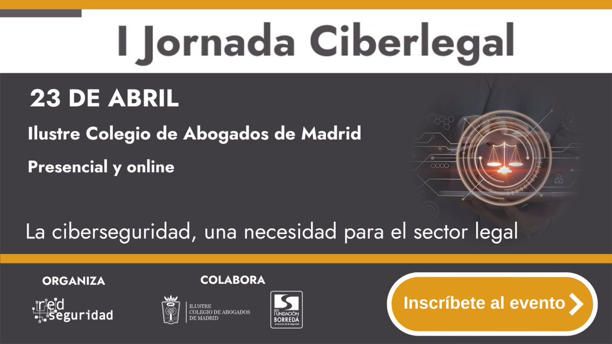 El #SectorLegal se reúne mañana en #CiberlLegal, con el patrocinio y colaboración de GMV para compartir los retos del sector en el ámbito de la #ciberseguridad. Puedes seguir la jornada de forma presencial u online, inscríbete: ow.ly/YnmR50RkUV7 @Red_Seguridad @icam_es