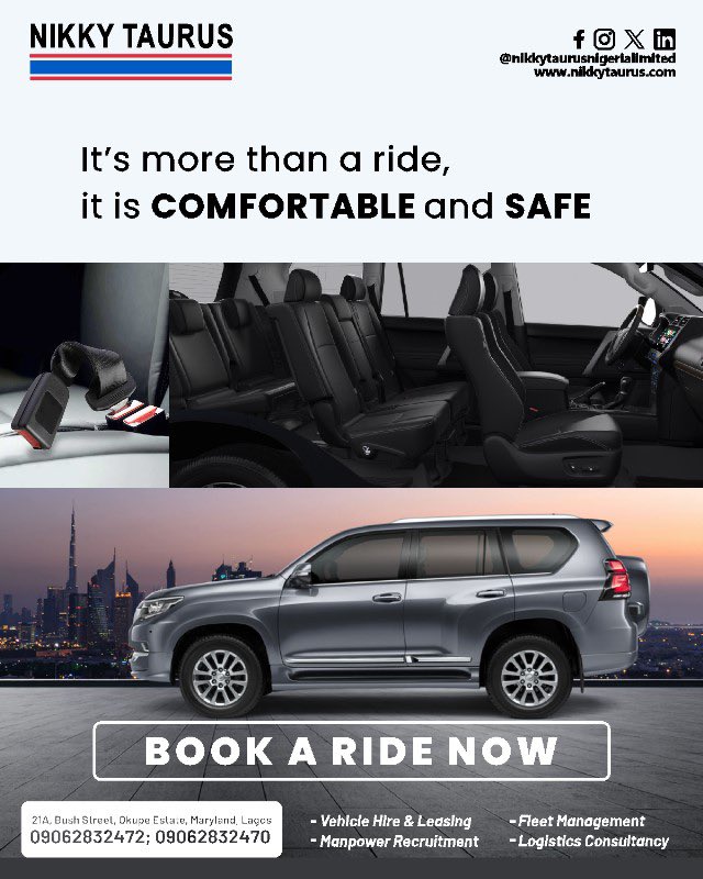 Choose Nikky Taurus and choose a Comfortable and Safe ride❤️

#nikkytaurusng #vehiclehire #vehicleleasing