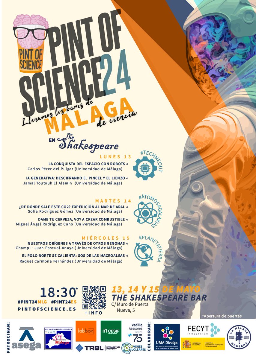 🍺¡Se acerca la nueva edición de Pint of Science! #Pint24MLG  @pintofscienceES ➡️Se celebrará los días 13, 14 y 15 de mayo. Consulta la programación por días detalladamente:
🔵Lunes: umadivulga.uma.es/agenda/encuent…
🟢Martes: umadivulga.uma.es/agenda/encuent…
🟠Miércoles: umadivulga.uma.es/agenda/encuent…