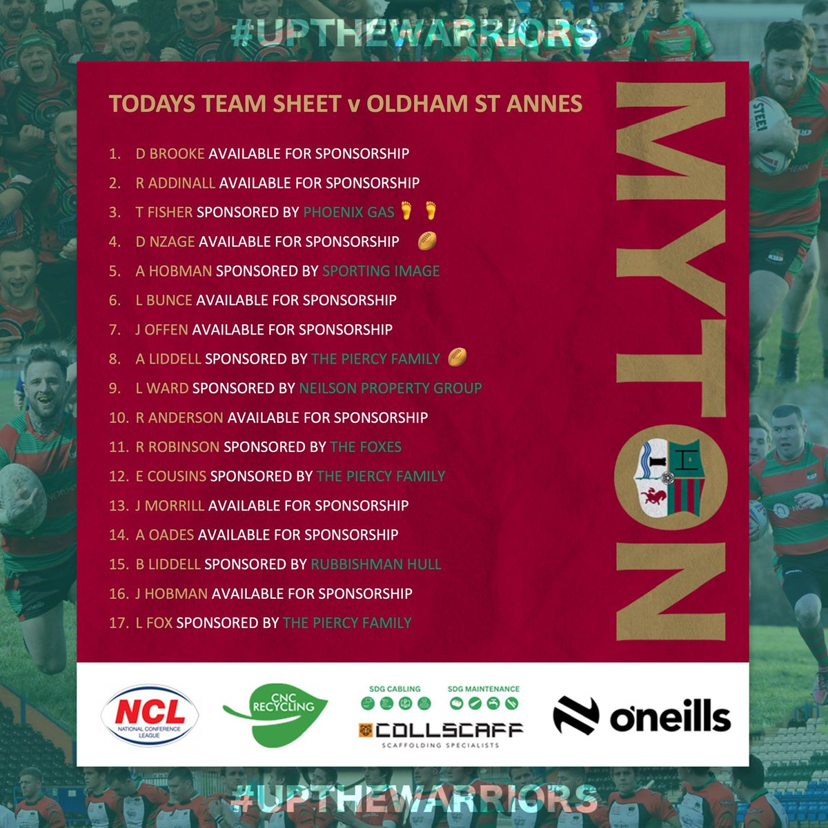 Saturday’s @OfficialNCL Result:

2024 @OfficialNCL Division 2 

@OldhamStAnnes 60 - 12 @MytonWarriors 

MOM: D Nzage & L Ward Sponsored By Neilson Property Group

Thanks to all the sponsors👍

🏉🏆❤️💚 #UpTheWarriors #NCL #CommunityRL