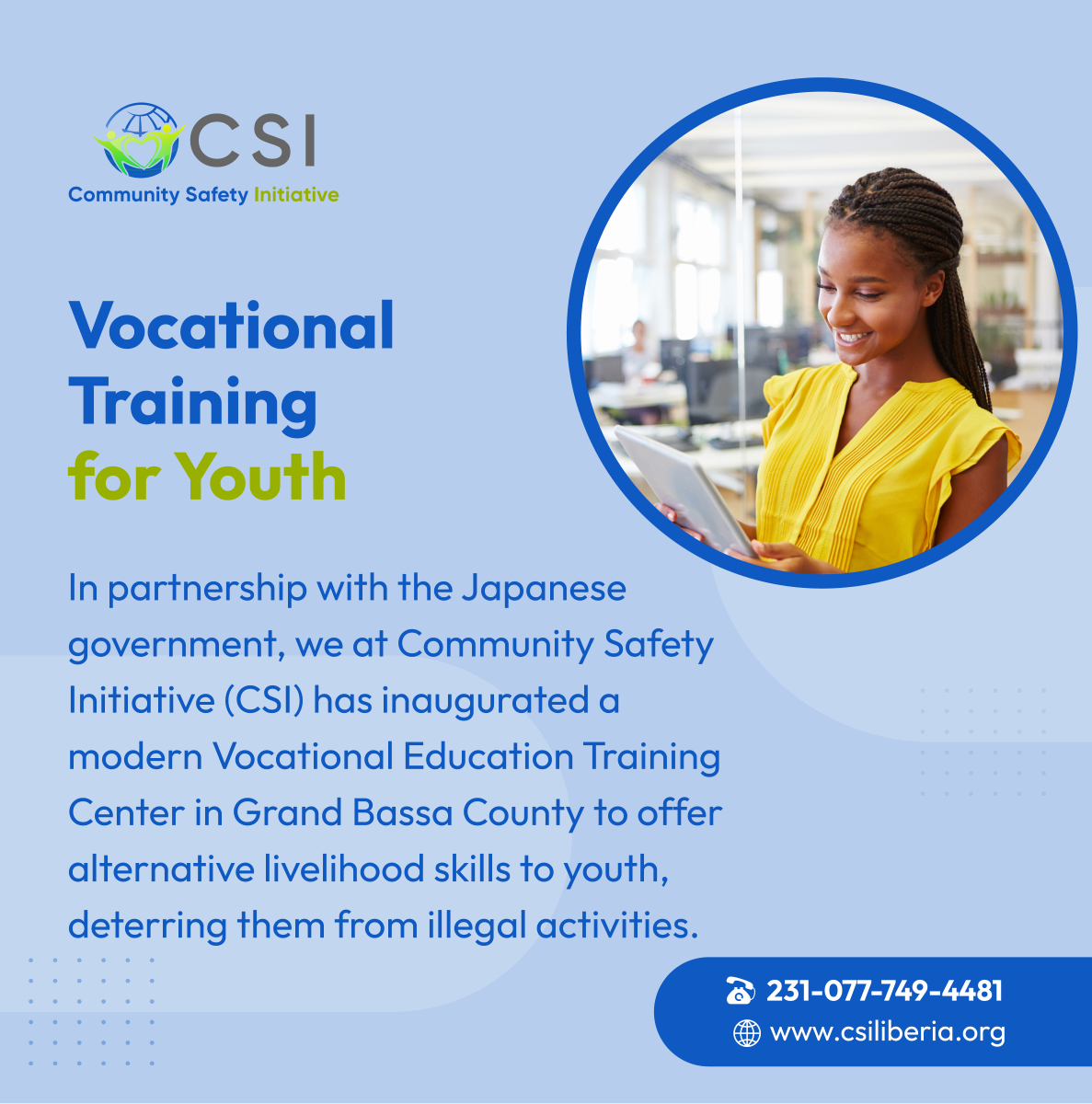 csiliberia's tweet photo. Explore how our new Vocational Training Center transforms lives by providing youths, especially women, with essential skills for a better future. Contact us now! 

#MonroviaLiberia #NonProfitOrganization #YouthEmpowerment https://t.co/BKqYWGRbuq