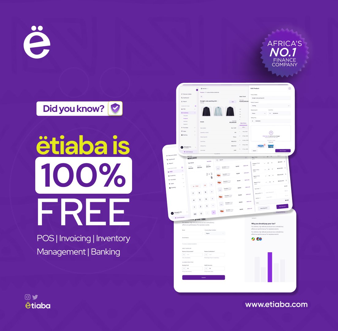 How does "FREE" sound? Good right?
You can now invoice your sales, Track Inventory, and Use our Point of Sale 100% FREE!
What are you waiting for? 

Visit etiaba.com to get started!

#FreeSoftware #etiaba #financesoftware #Businesssoftware