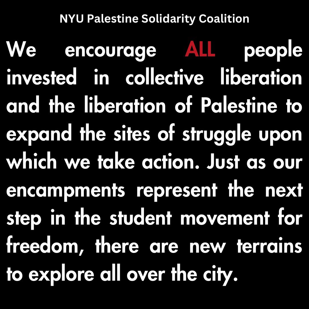 🚨As of 6 am this morning, NYU students have occupied the Gould Plaza, launching our chapter of the Gaza Solidarity Encampment.  Standing in solidarity with Palestinians facing 75+ years of occupation and 198 days of the ongoing genocide, we at NYU refuse to remain complicit.