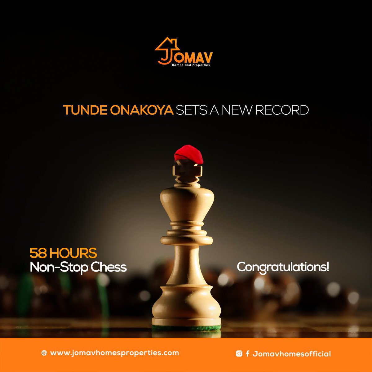 Congratulations on Breaking the Chess World Record  @
Your passion and determination is truly remarkable.

Cheers to more Incredible Feats!
We’re super proud of you!

#tunde58hoursofchess
#tundeonakoya
#jomavhomes