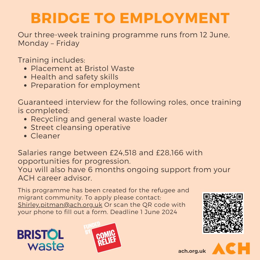 Do you want to join the team helping keep Bristol clean and safe and earn between £24,000 and £29,000? If you're interested, please get in touch with Shirley.pitman@ach.org.uk or click the link below to fill out the application form before June 1st. ➡️ ow.ly/G9fs50RiY1V