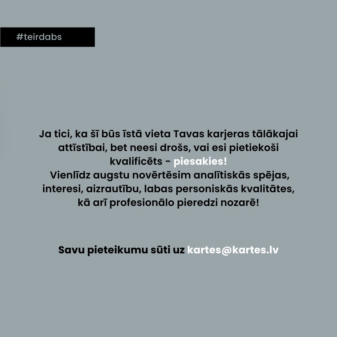 Jāņa sēta meklē papilspēkus ģeotelpisko risinājumu izstrādes komandā!
🖊️Savu motivācijas vēstuli un CV sūti uz e-pasta adresi kartes@kartes.lv. Pieteikumu gaidīsim līdz 05.05.2024.

Plašāk par vakanci⬇️#teirdarbs