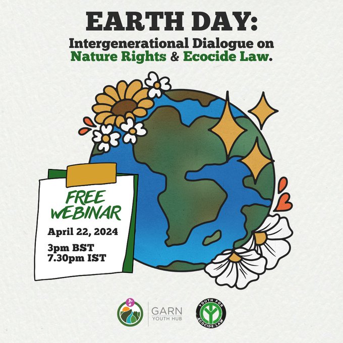 This #EarthDay (🛑TODAY) don't miss out!

FREE @EcocideLawYouth + @garnglobal webinar.

Find out more about these complimentary legal approaches to MEANINGFULLY tackling the #climate and ecological crisis.

Registration: us02web.zoom.us/webinar/regist…

#StopEcocide