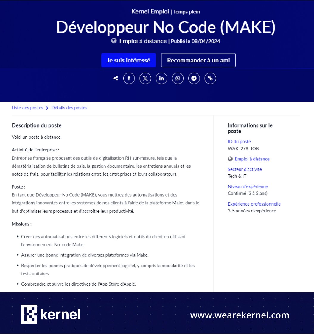 Vous êtes développeur No Code et vous cherchez un défi passionnant ? Rejoignez la dynamique équipe d'une de nos entreprises partenaires. Candidatez ici : bit.ly/4b1py7J #kernel #techjobs #emploi #NoCode #OffreEmploi
