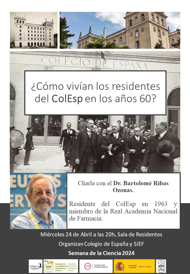 ¡Empezamos con los eventos de #LaSemanaDeLaCiencia2024! 

📅 Miércoles 24 de abril
🕗 20 H
📍 Sala de Residentes, Colegio de España (París)

¿Cómo vivían los residentes del Colegio de España en los años 6️⃣0️⃣?