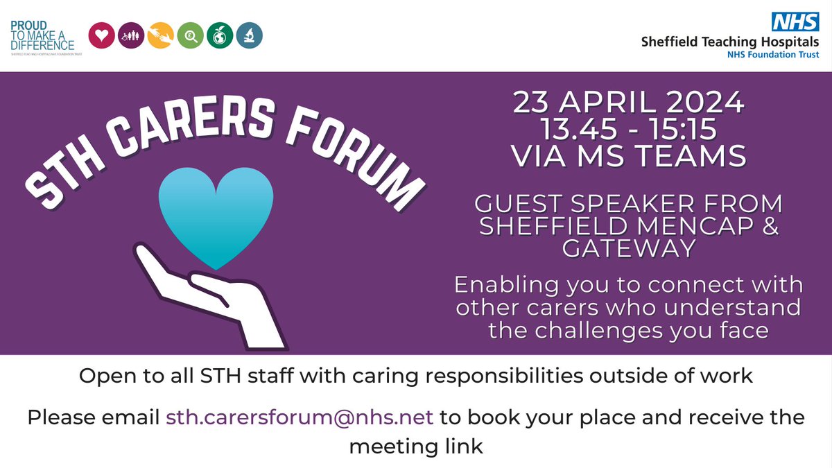 There's still time to book your place on the next meeting of our STH Carers Forum on 23 April where we will be joined by a guest speaker from @SheffieldMencap. To book your place STH staff can email us at sth.carersforum@nhs.net We hope you can join us!