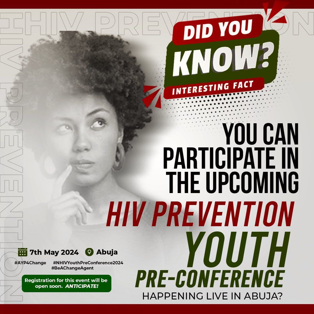 HIV Prevention Youth pre-conference coming up and you can be a part of this important upcoming event. Check flier for more details 

#AYP4Change #NHIVYPC2024 #BeAChangeAgent
