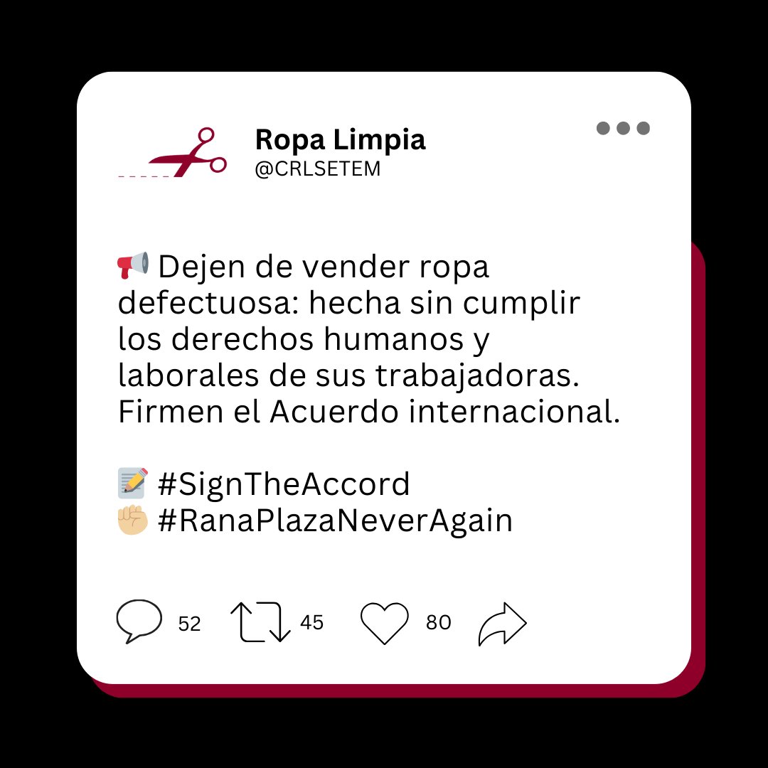 El 24 de abril saldremos a la calle a exigir a las marcas @TendamRetail @womensecret @Cortefiel_es @PdH_es @springfieldmw @DecathlonEspana que firmen el Acuerdo Internacional en el 11º aniversario de la tragedia del #RanaPlaza para que no se vuelva a repetir. #PrendaDefectuosa