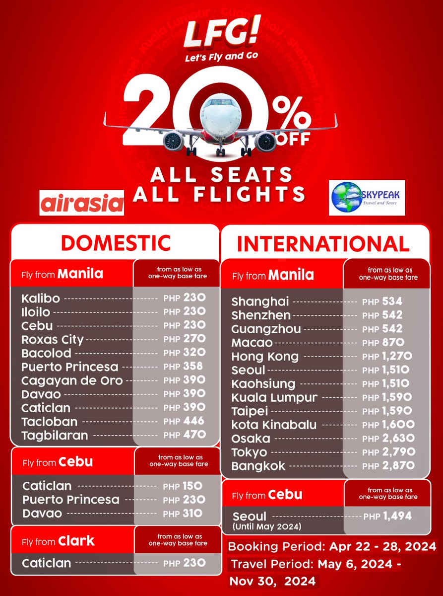 Get ready to take off this summer with #FlyAirAsia Enjoy the 20% Off in All Seats, All Flights on domestic and international destinations! #LFG: Let's Fly & Go! Booking Period: April 22-28, 2024. Book now at fb.com/skypeaktravela… #FlyAirAsia #Skypeak @airasia @AirAsiaFilipino