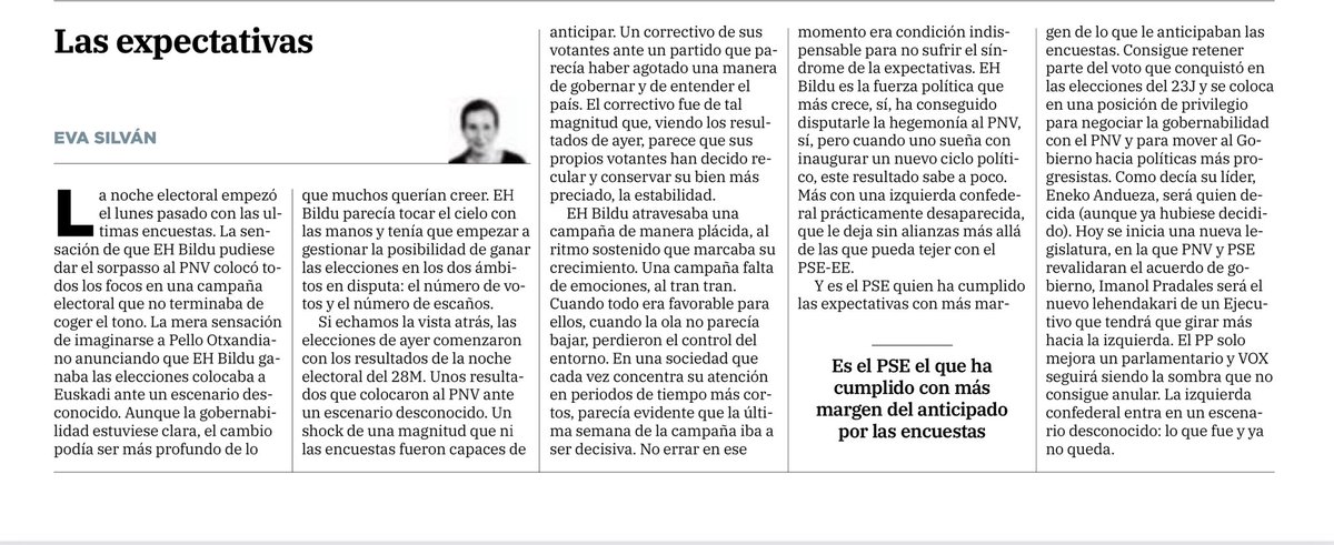 En medio de la noche electoral escribí este análisis exprés. ‘Las expectativas’ | Mi columna para @elcorreo_com sobre una noche para el recuerdo #21A