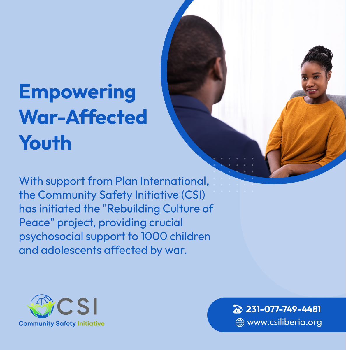 csiliberia's tweet photo. Our programs are dedicated to healing and empowering war-affected youth, fostering peace and resilience through psychosocial support. Contact us now! 

#MonroviaLiberia #NonProfitOrganization #PeaceBuilding https://t.co/LakLUMtyej