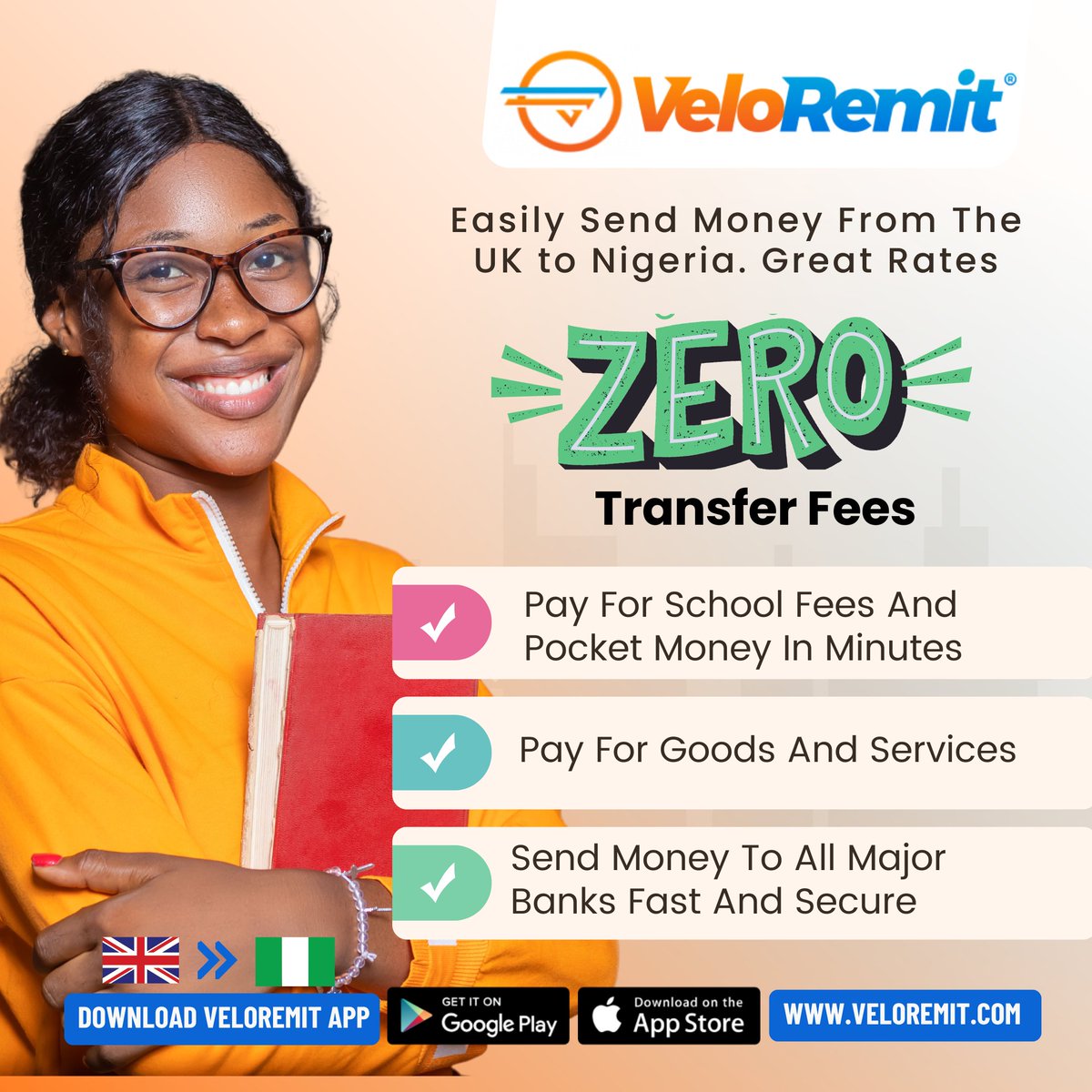 veloremit's tweet photo. School fees? Goods? Services? Whatever you need to pay for, VeloRemit has your back! 💸✨ Enjoy zero fees, great rates, fast and secure transfers to all major banks in Nigeria🇬🇧🇳🇬  #veloremit #moneytransfer #zerofees #greatrates #fast #secure #nigeriansinuk #NewWeek #downloadnow https://t.co/hDHXfTy0kV