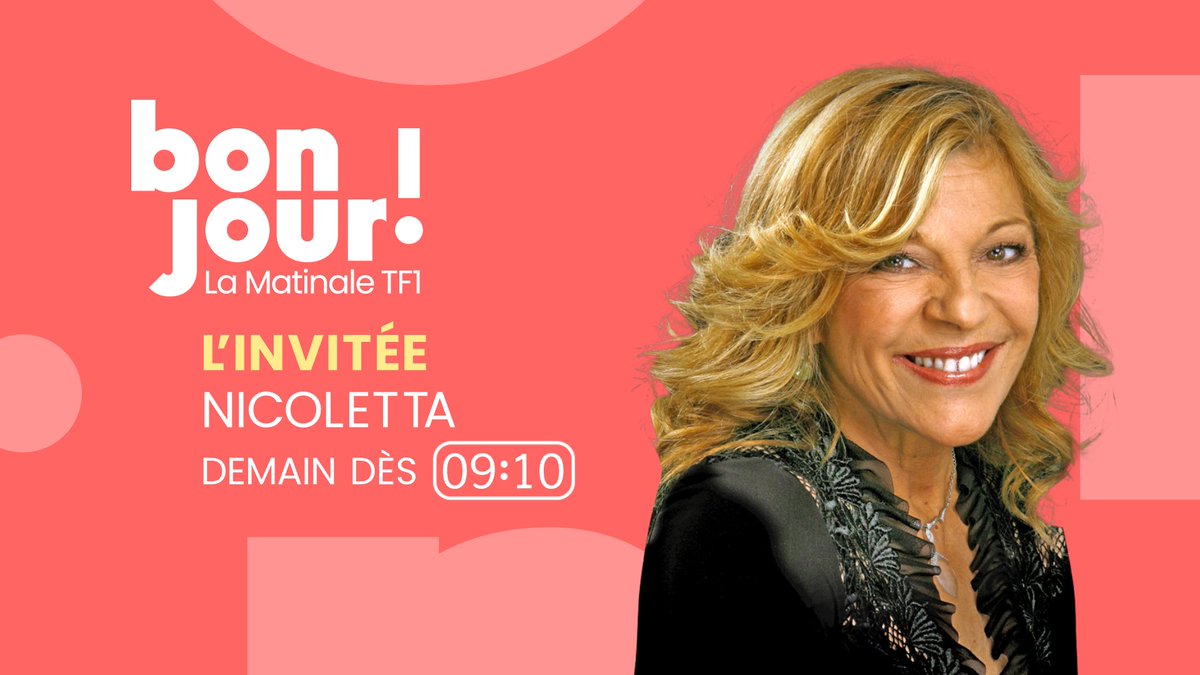 🔴 𝐃𝐞𝐦𝐚𝐢𝐧 dans #BonjourLaMatinaleTF1

🗣️ 𝐍𝐢𝐜𝐨𝐥𝐞𝐭𝐭𝐚 sera l’invitée de 𝐁𝐫𝐮𝐜𝐞 𝐓𝐨𝐮𝐬𝐬𝐚𝐢𝐧𝐭 (@Bruce_Toussaint)

⏰ 'L'interview du petit-déjeuner' : dès 9h10 en direct sur @TF1

📲 Et sur @tf1plus & @TF1Info